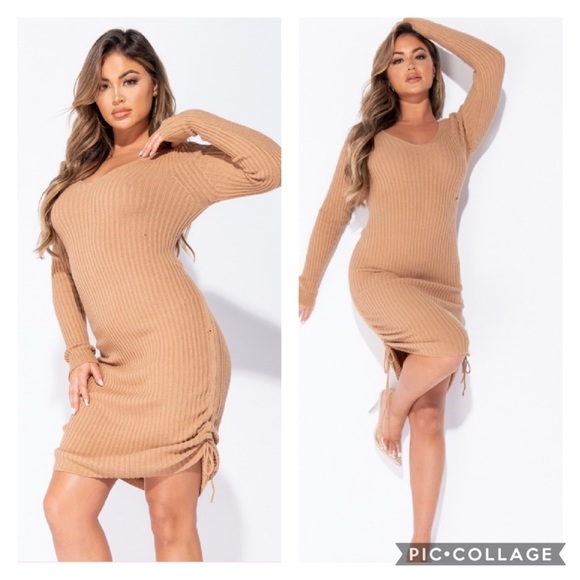 Camel Ruched Side Knitted Dress - Picture 3 of 7